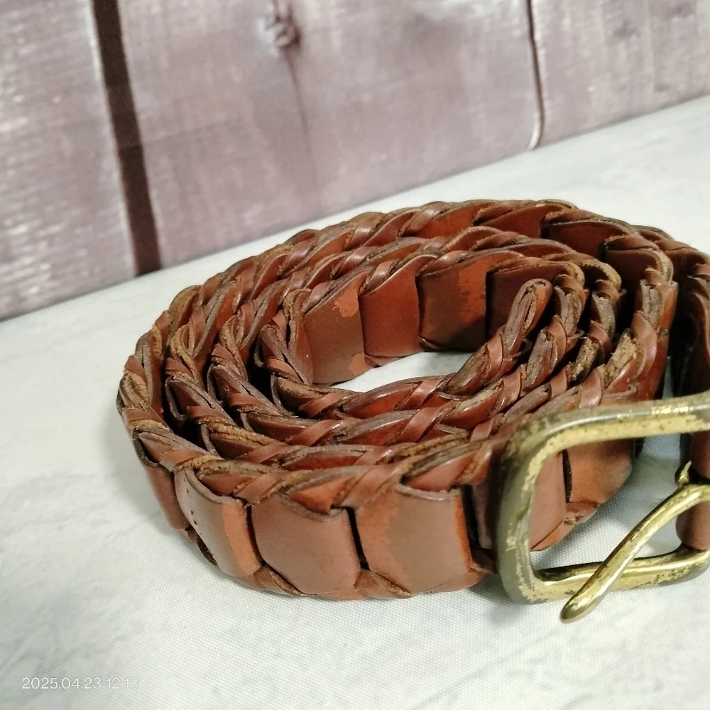 Genuine Leather Men's Brown Belt 38 Rectangular Braided With Solid Brass Buckle